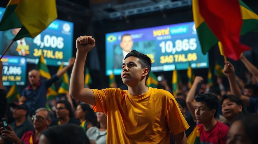 Supporters of Flávio Bolsonaro celebrate first-round results at an election watch party in Brazil