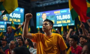 Supporters of Flávio Bolsonaro celebrate first-round results at an election watch party in Brazil