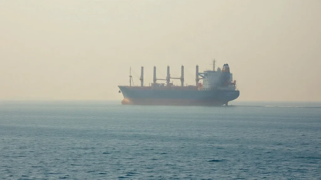 A crude oil tanker transits the Strait of Hormuz as seen from the Musandam coast of Oman