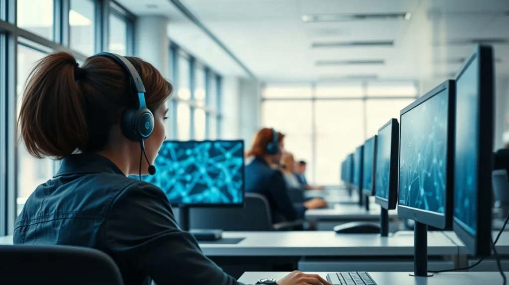 Customer service staff working at desks in a UK broadband company office.