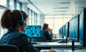 Customer service staff working at desks in a UK broadband company office.