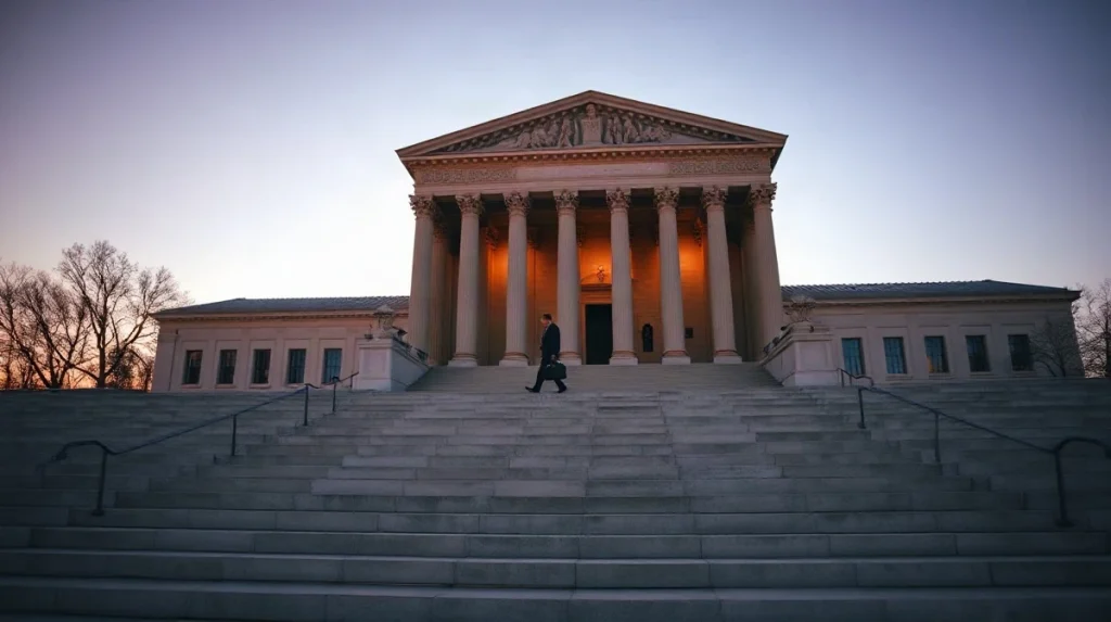 Official walking toward a federal regulator's building at dusk in Washington, D.C.