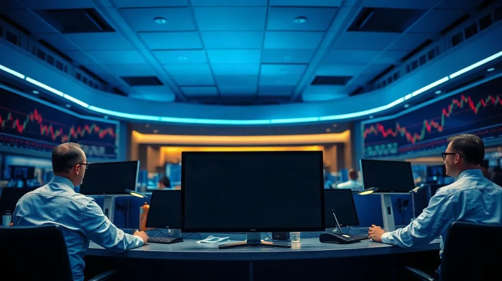 Traders at multi-monitor desks on a derivatives trading floor under cool blue lighting