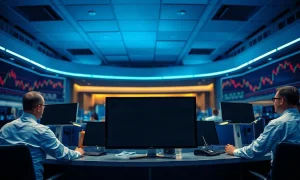 Traders at multi-monitor desks on a derivatives trading floor under cool blue lighting