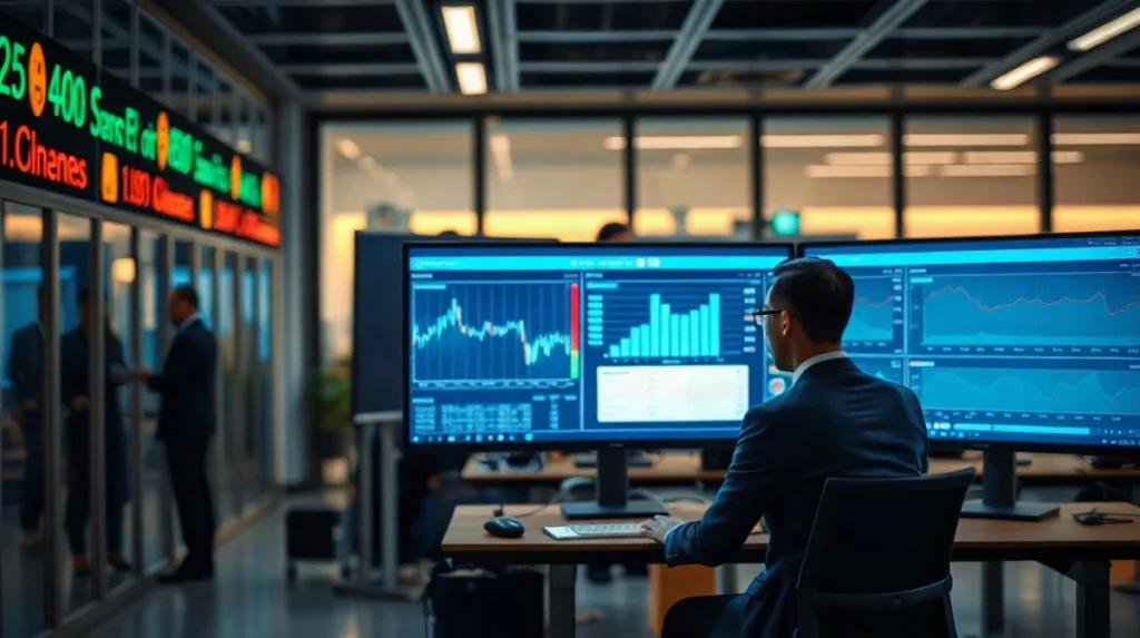 Banking operations desk with monitors showing payment flow data, illustrating institutional stablecoin settlement