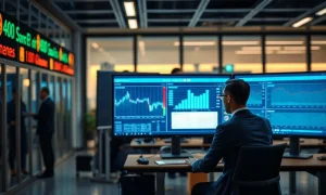 Banking operations desk with monitors showing payment flow data, illustrating institutional stablecoin settlement