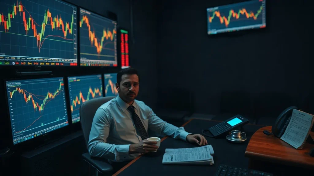 Commodity trader watching cocoa futures price charts on a trading desk at dusk