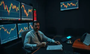 Commodity trader watching cocoa futures price charts on a trading desk at dusk