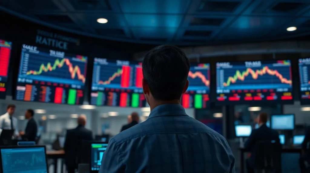 Trader viewing financial charts on screens in a modern trading room