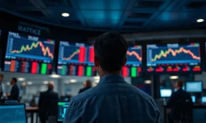 Trader viewing financial charts on screens in a modern trading room