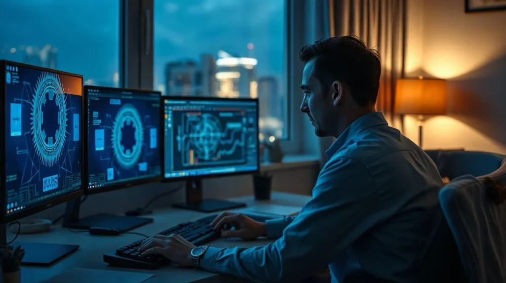 Retail investor reviewing semiconductor and power infrastructure charts on multiple monitors at night