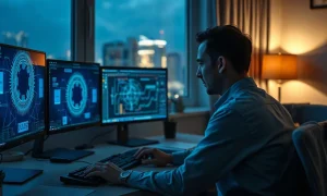 Retail investor reviewing semiconductor and power infrastructure charts on multiple monitors at night