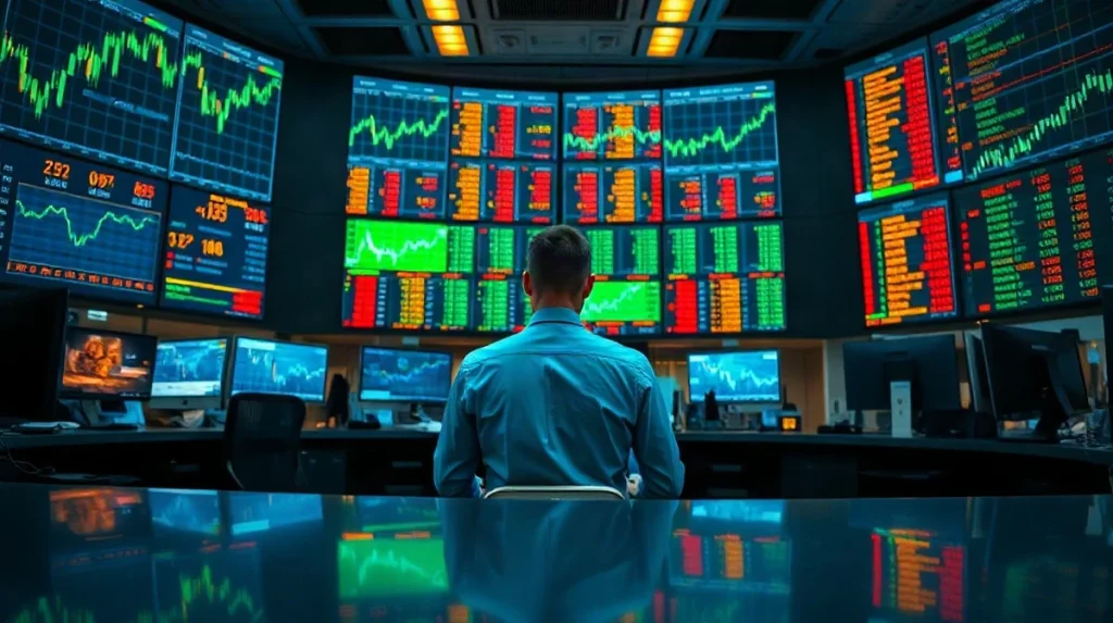Currency trader at a monitor bank showing rising dollar charts on a dim trading floor