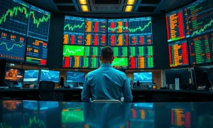 Currency trader at a monitor bank showing rising dollar charts on a dim trading floor