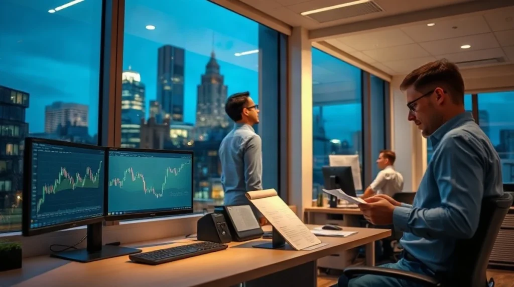 London brokerage office at dusk with staff at trading desks and City towers outside the windows