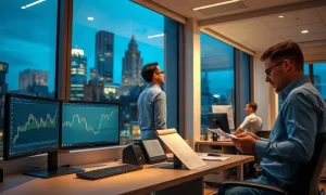 London brokerage office at dusk with staff at trading desks and City towers outside the windows
