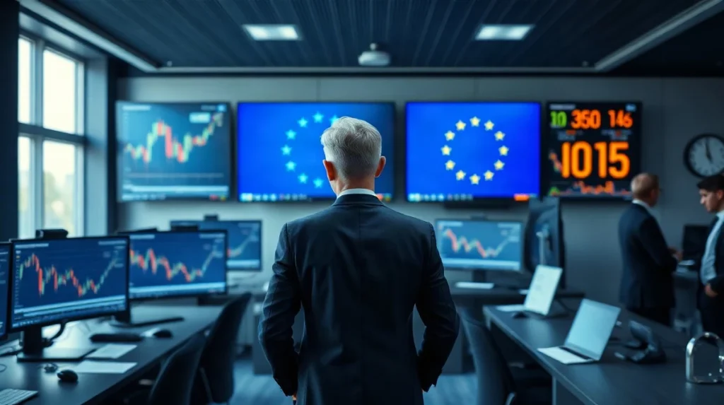 Analyst at an EU regulatory trading desk reviewing stablecoin market data on monitors