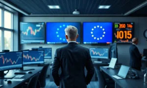 Analyst at an EU regulatory trading desk reviewing stablecoin market data on monitors