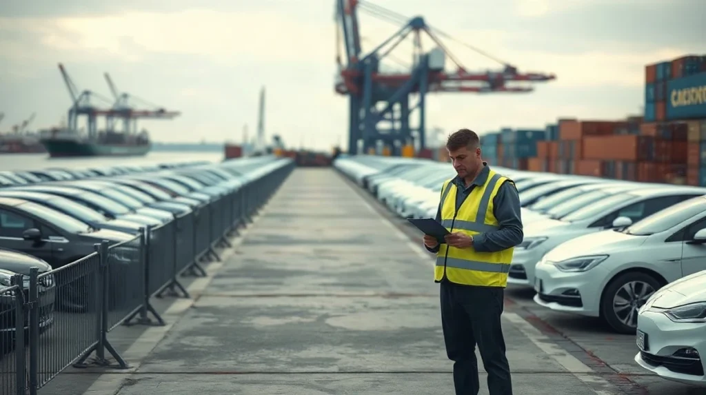 Rows of hybrid electric vehicles held at a European port dock behind customs barriers
