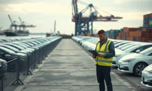 Rows of hybrid electric vehicles held at a European port dock behind customs barriers