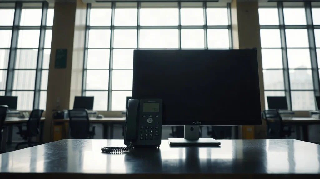 Empty exchange trading desk with a blank inactive listing screen on the monitor