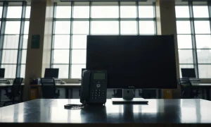 Empty exchange trading desk with a blank inactive listing screen on the monitor