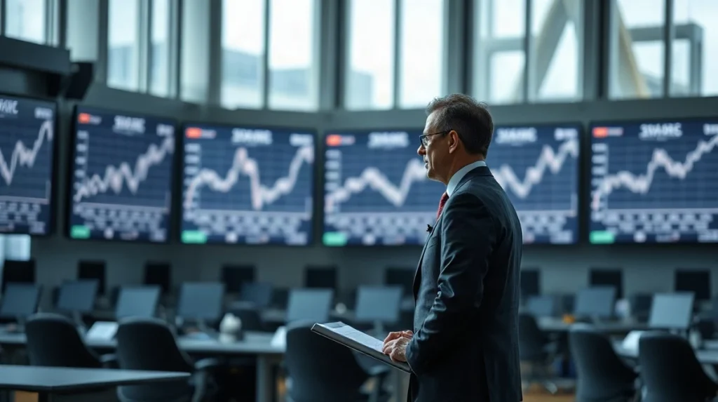 Economist at a lectern in a European Central Bank press room with rising charts behind