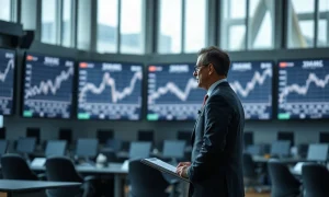 Economist at a lectern in a European Central Bank press room with rising charts behind