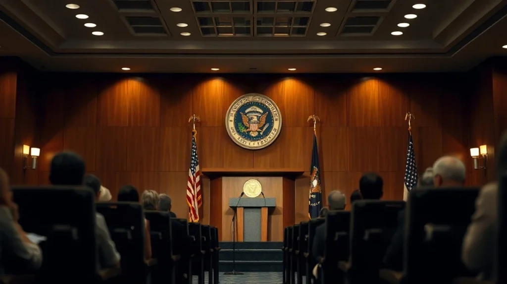 Empty Federal Reserve press conference lectern with microphones under stage lighting