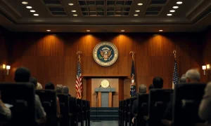 Empty Federal Reserve press conference lectern with microphones under stage lighting
