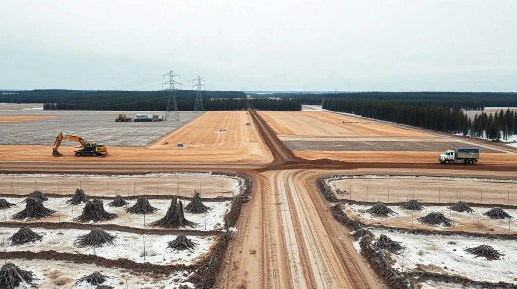 Aerial view of a clearcut forest site in Muhos, Finland, with excavators and power lines