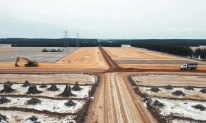Aerial view of a clearcut forest site in Muhos, Finland, with excavators and power lines