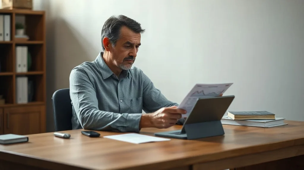 Retail investor reviewing a brokerage statement and a line chart at a home desk