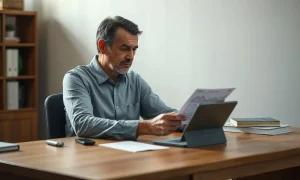 Retail investor reviewing a brokerage statement and a line chart at a home desk