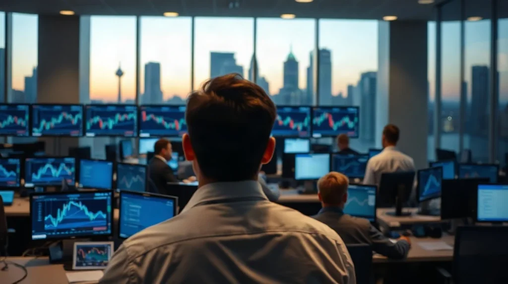Traders at monitors showing futures charts on a Wall Street trading floor at dusk