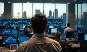Traders at monitors showing futures charts on a Wall Street trading floor at dusk