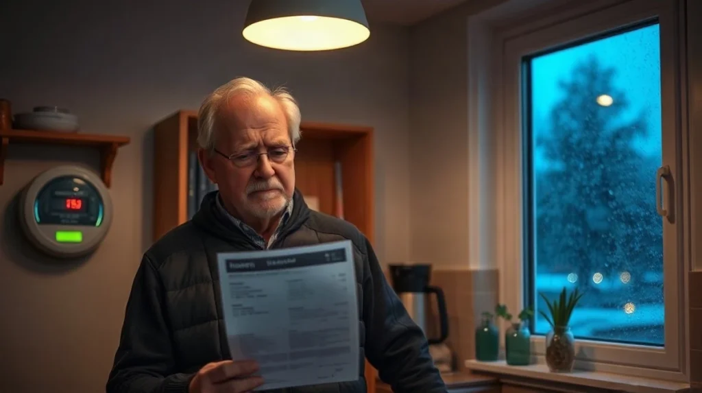 Homeowner reviewing an energy bill in a dimly lit British kitchen