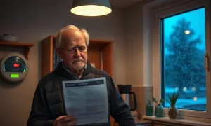 Homeowner reviewing an energy bill in a dimly lit British kitchen