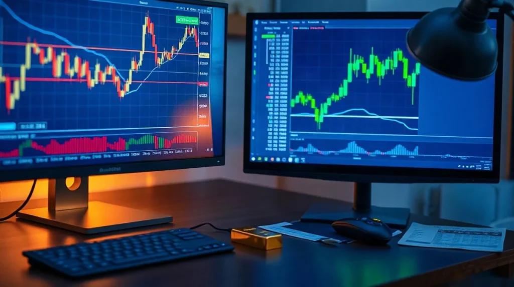 Trading desk with gold price chart, gold bar and crypto chart at dawn
