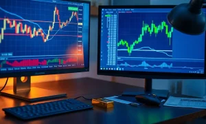 Trading desk with gold price chart, gold bar and crypto chart at dawn