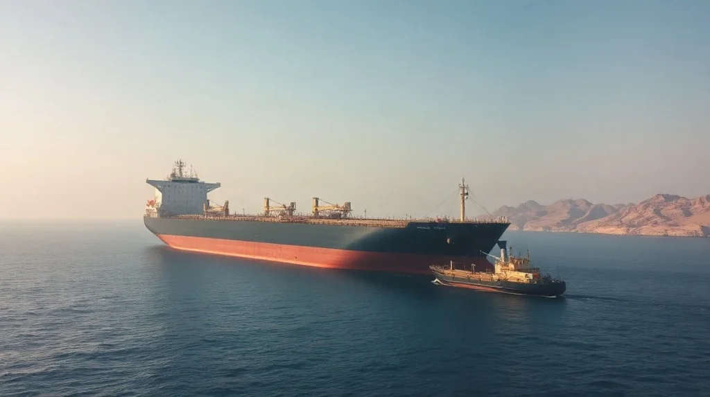Aerial view of a crude oil supertanker in a ship-to-ship transfer off Fujairah in the Strait of Hormuz.