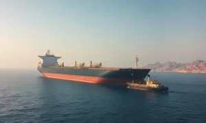 Aerial view of a crude oil supertanker in a ship-to-ship transfer off Fujairah in the Strait of Hormuz.