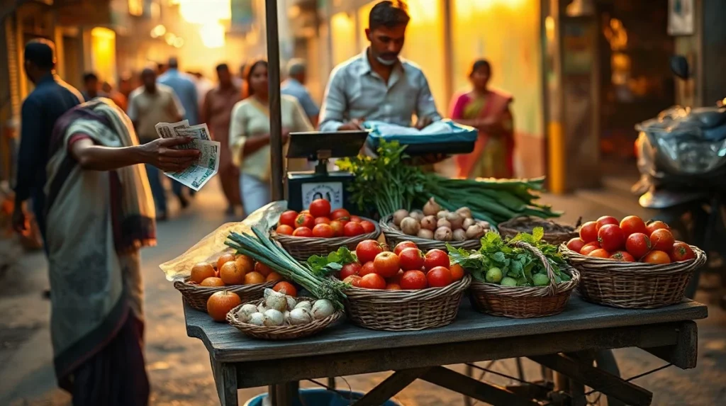 Vegetable vendor weighing produce at an Indian street market as food prices climb