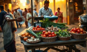 Vegetable vendor weighing produce at an Indian street market as food prices climb