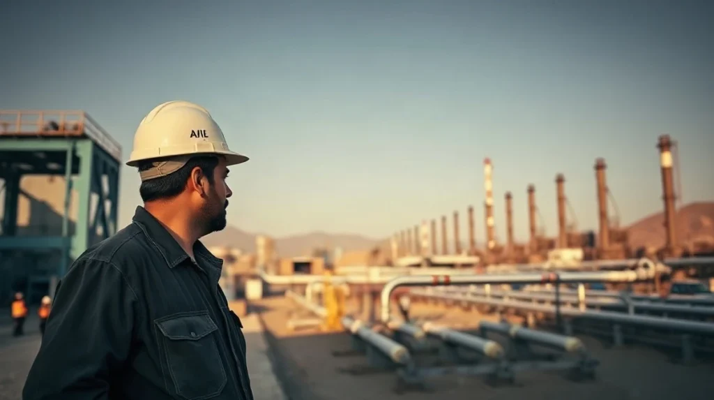 Iranian oil worker at a refinery in southwestern Iran, late afternoon light
