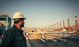 Iranian oil worker at a refinery in southwestern Iran, late afternoon light
