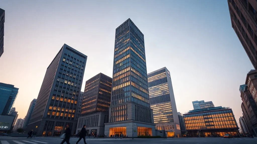 Tokyo office towers of Japan's three megabanks at dusk, marking the joint yen stablecoin trial