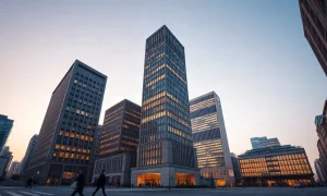 Tokyo office towers of Japan's three megabanks at dusk, marking the joint yen stablecoin trial