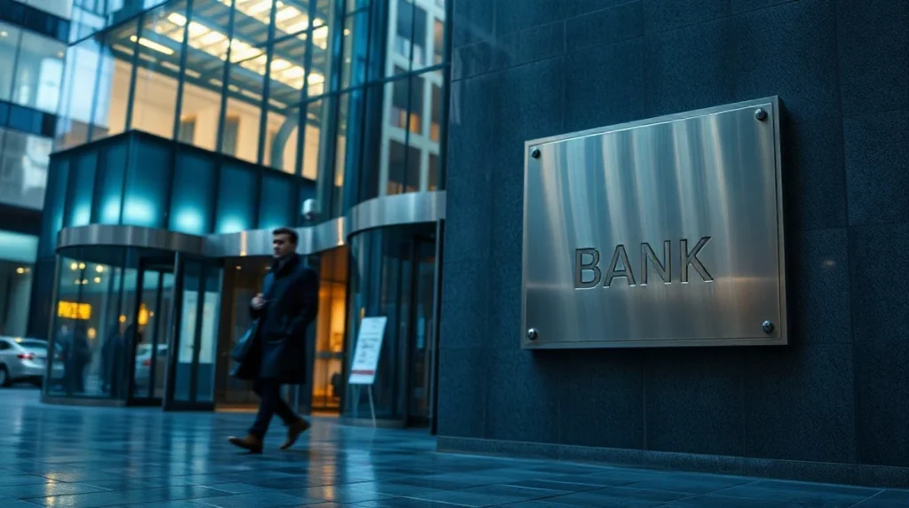 Exterior of a large US bank branch entrance at dusk with a pedestrian passing by