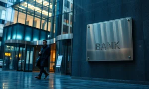 Exterior of a large US bank branch entrance at dusk with a pedestrian passing by